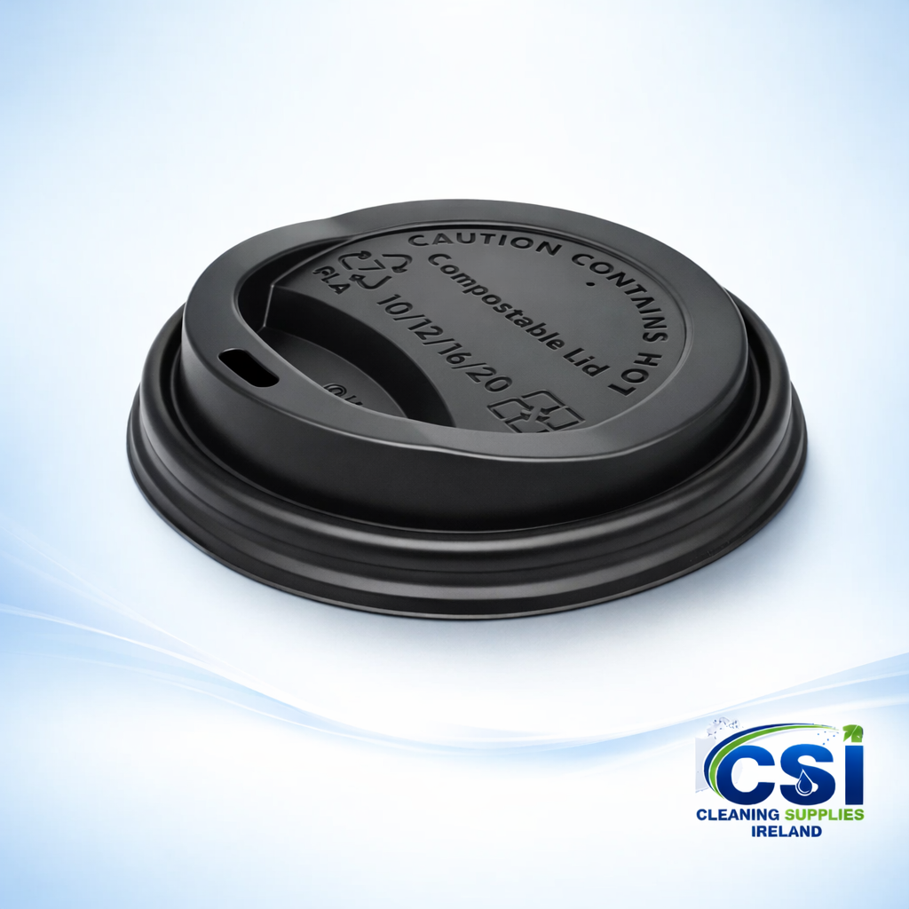 1000 Pack of Sleek Black 12oz Compostable Coffee Cup Lids Made from CPLA