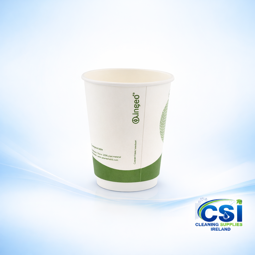 12oz Compostable Double Wall Coffee Cups with Green Eco-Friendly Branding 500 Pack