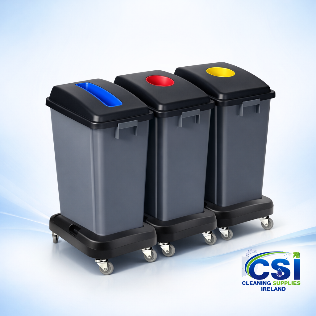 60L Office Recycling Station with 3 Colour Coded Bins and Wheeled Dollies