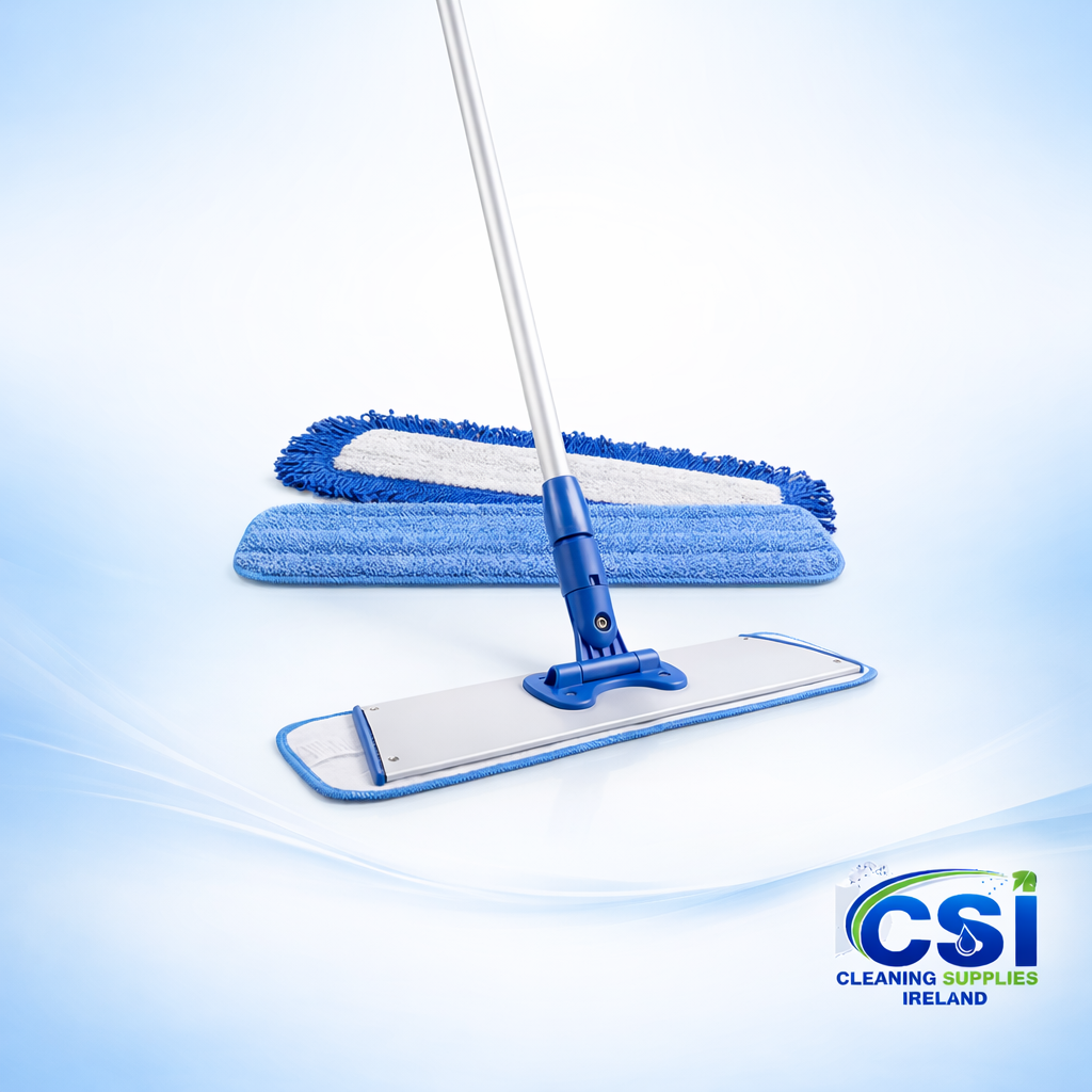 Trio Microfiber Flat Mop with 3 Abrasive Stripes and Looped Edging for Corner Cleaning