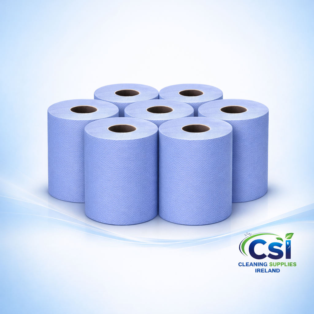 Bulk buy 10 case deal of blue 2-ply centrefeed wiper rolls for catering and cleaning in Ireland