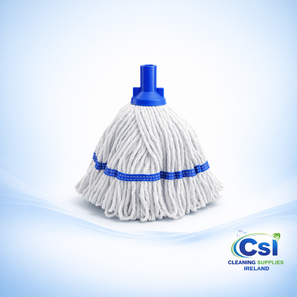 Blue Exel Revolution 250g socket mop head made from cotton and synthetic yarn blend for heavy cleaning