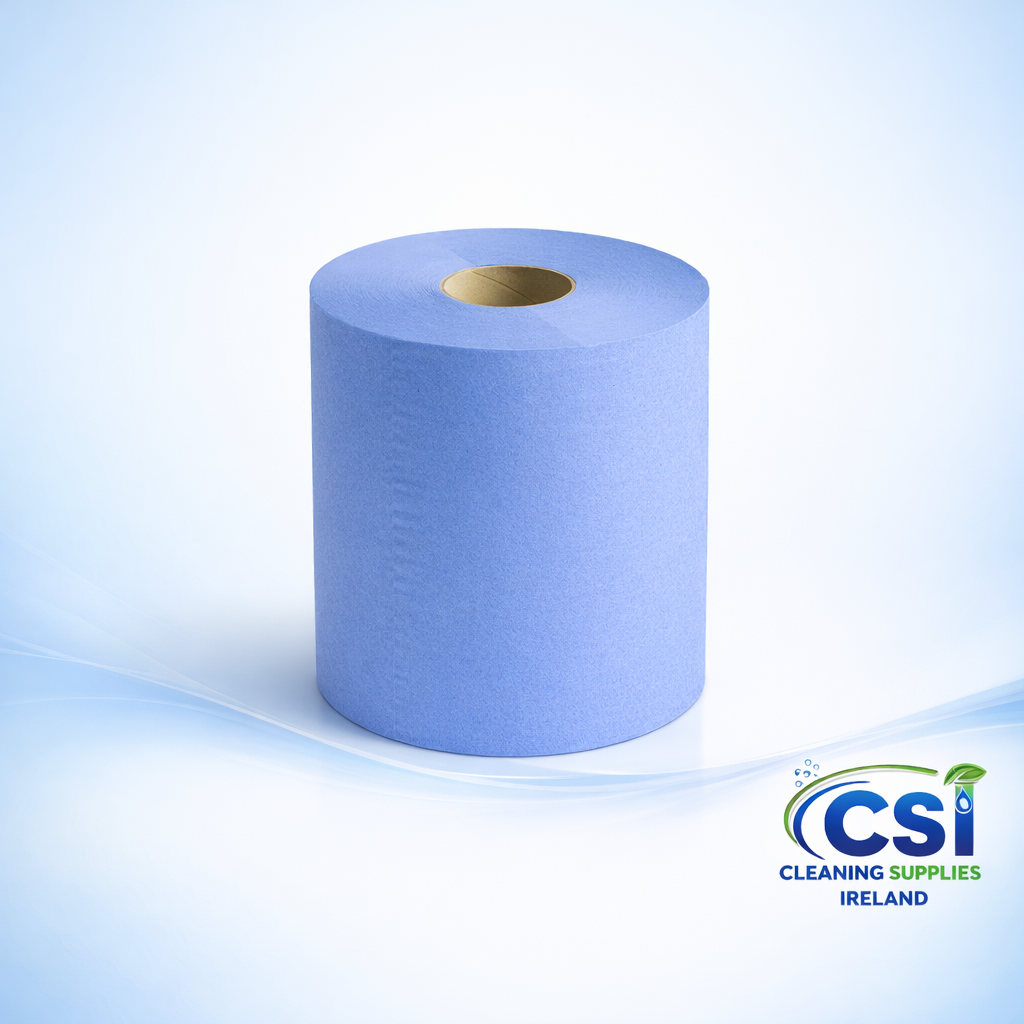 Bulk deal of 30 blue wiper rolls, 2-ply embossed centrefeed catering wipes for professional use