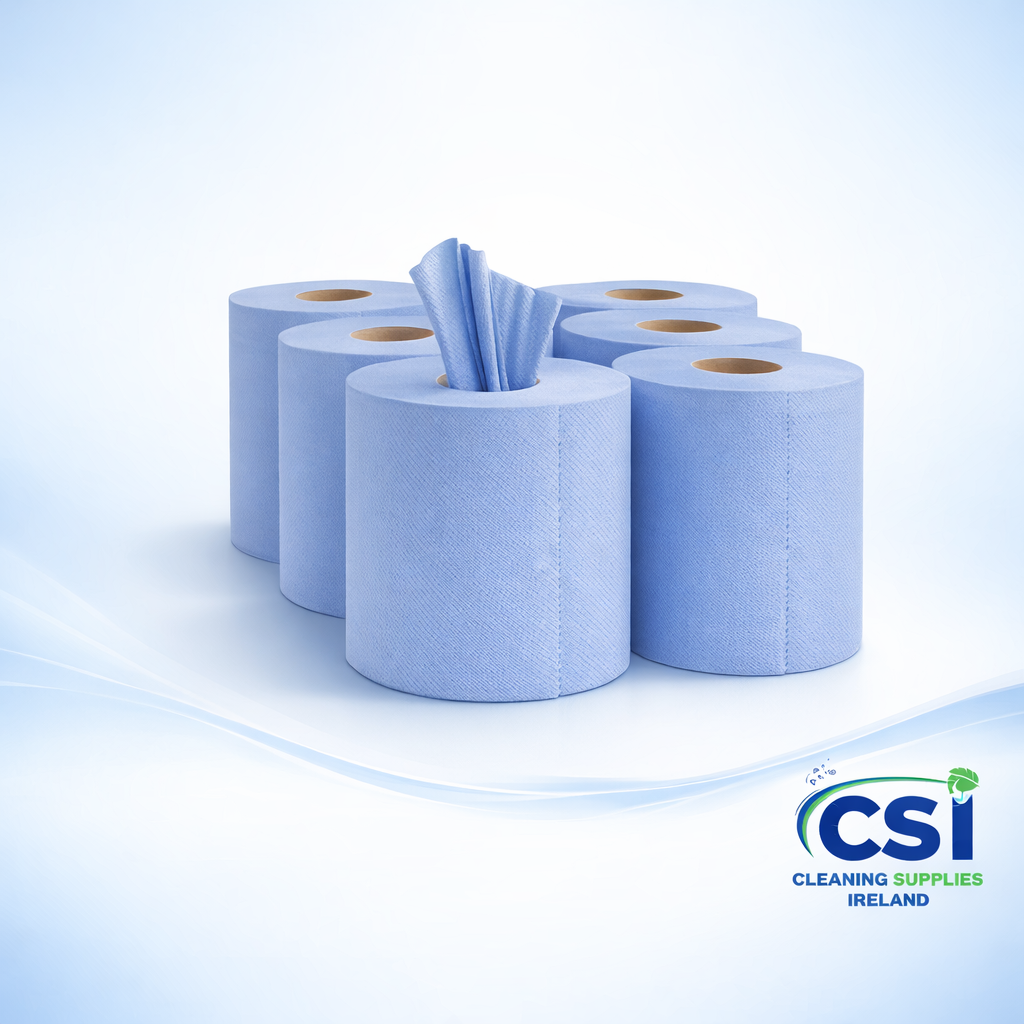 6 Pack of Heavy Duty 2-Ply Embossed Centrefeed Blue Roll for Kitchen and Industrial Cleaning