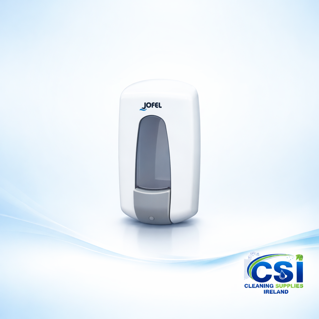 Jofel 800ml commercial liquid soap dispenser in white ABS plastic for Irish businesses