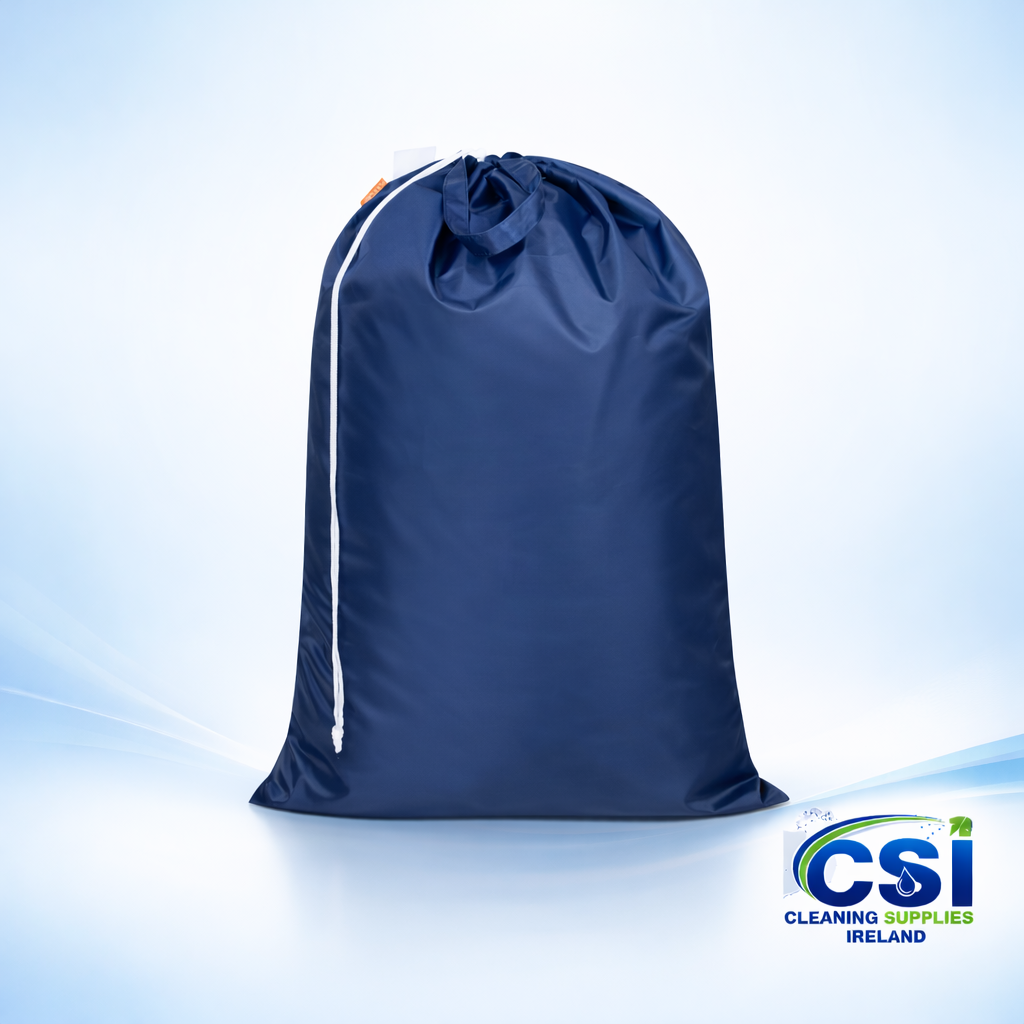 Group of commercial polyester laundry kit bags in blue red green yellow and white