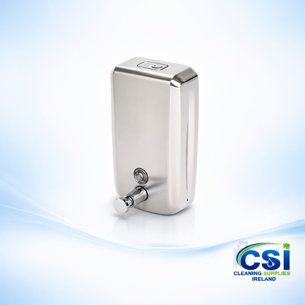 Horizontal satin finish stainless steel soap dispenser 1 litre for commercial washrooms