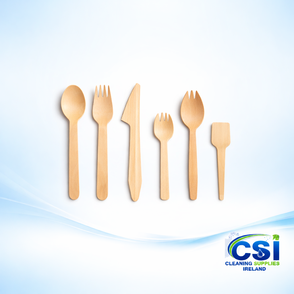 Eco-friendly wooden compostable cutlery knives forks and spoons bulk pack Ireland