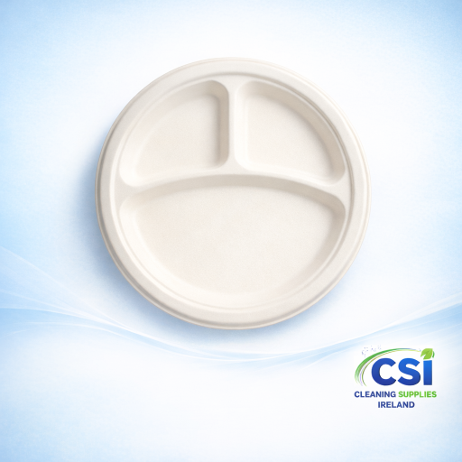 Compostable Sugarcane 3-Compartment Plate 10" – Eco-Friendly Bagasse (Case of 500)