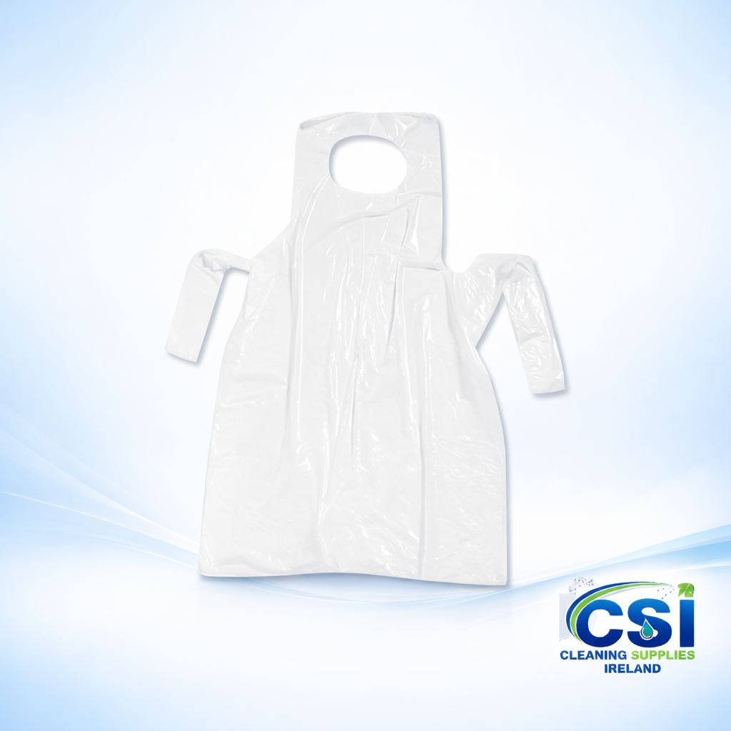 Pack of 100 Strong White Disposable Plastic Aprons for Healthcare and Catering