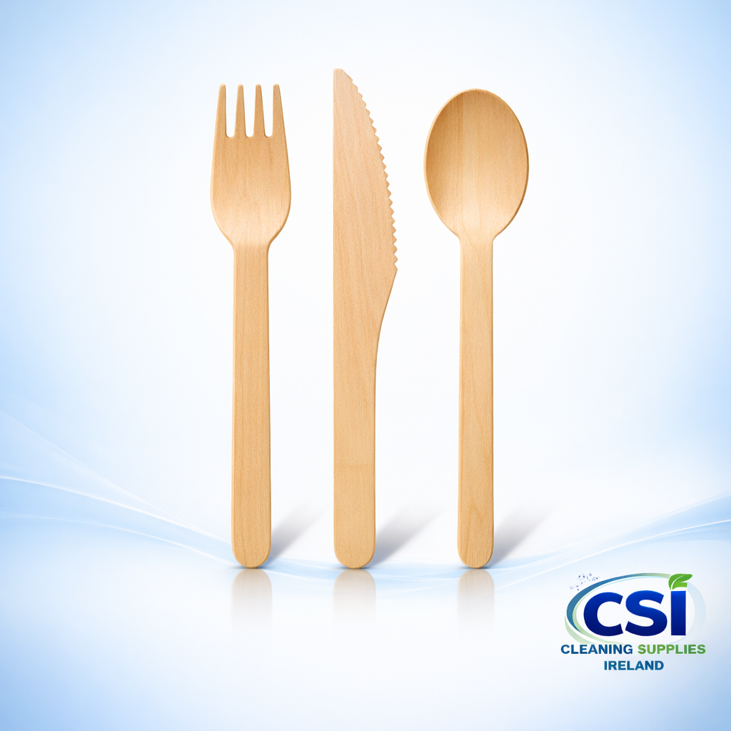 Eco-safe and fully compostable wooden cutlery including forks, knives, and spoons in a pack of 100