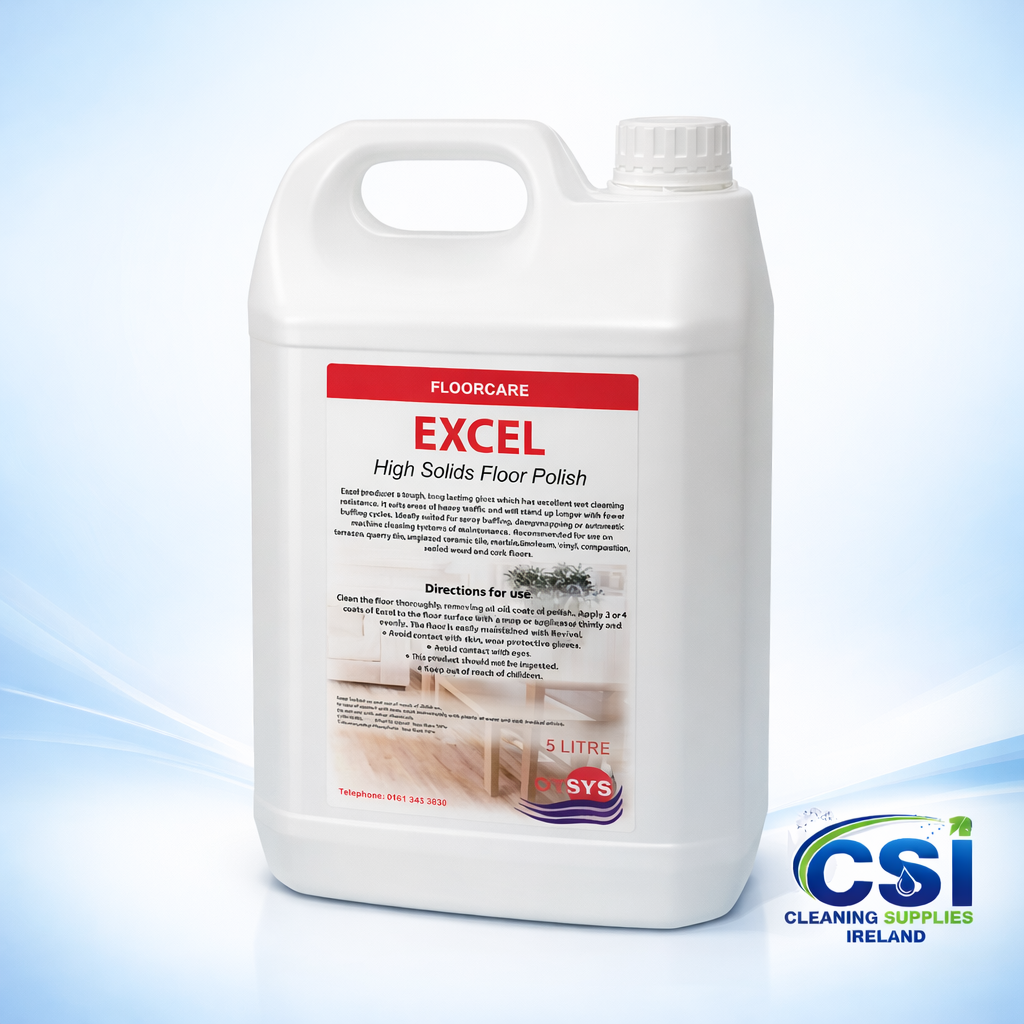 5 Litre bottle of Excel High Solid Floor Polish with 21 percent solids content