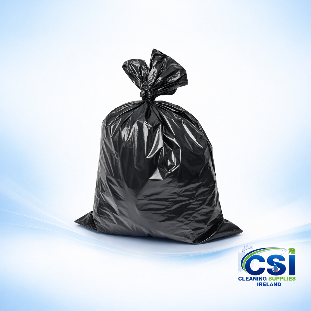 Pack of 200 extra heavy duty black refuse sacks on rolls for industrial waste.