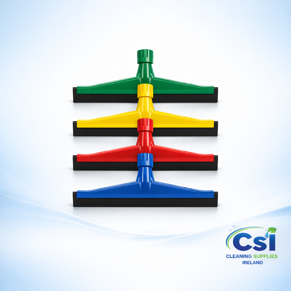 Complete 18 inch floor squeegee with blue hygiene plastic head and aluminium handle