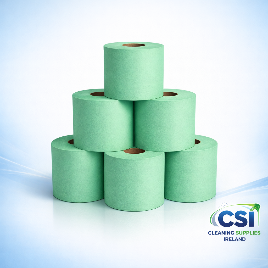 Pallet of 50 cases of green 2-ply 52GSM dairy wiper rolls for Irish farmers