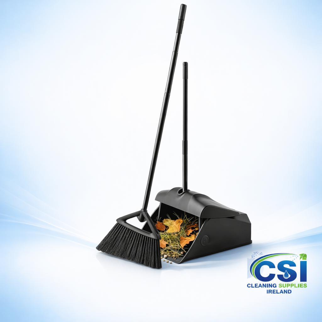 Heavy Duty Lobby Dustpan and Brush Set with Closed Pan and Long Ergonomic Handles