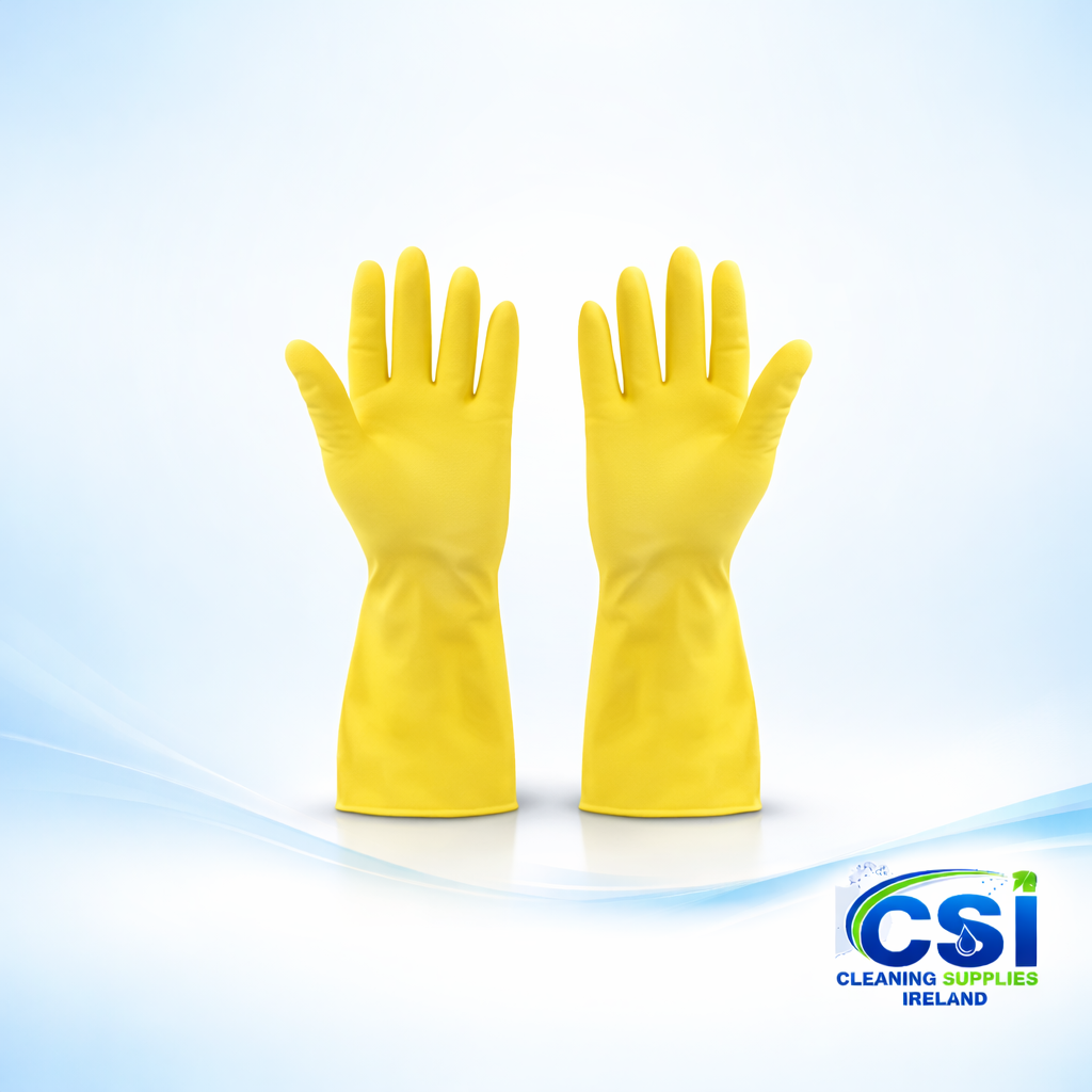 Pair of yellow heavy duty rubber gloves with non-slip grip for cleaning and gardening