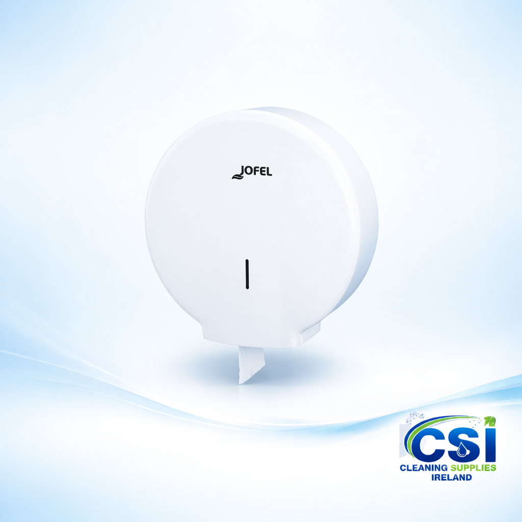 Jofel White ABS Mini and Maxi Jumbo Toilet Roll Dispenser for Commercial Restrooms