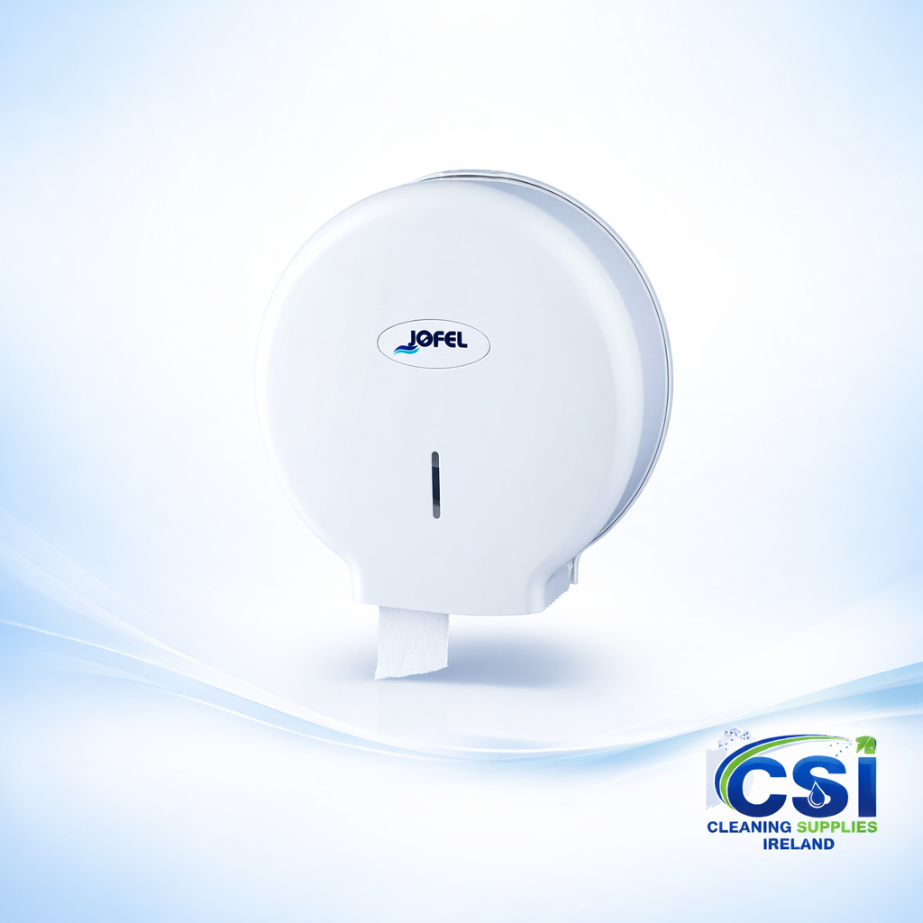 Jofel white commercial jumbo toilet tissue dispenser made of ABS plastic