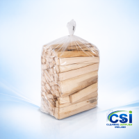 Pack of 200 clear 200-gauge plastic kindling fire stick bags for firewood storage.