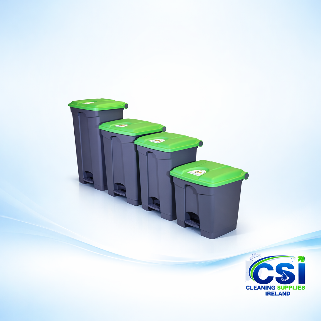 Large grey and yellow pedal waste bins for commercial use in Ireland