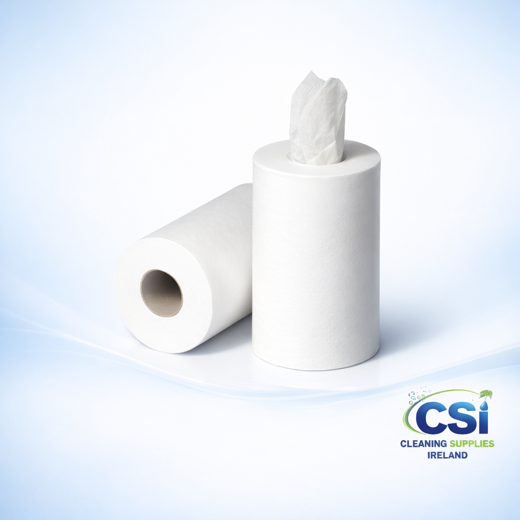 Pack of 12 white 2-ply mini centrefeed wiper rolls for medical and food service hygiene