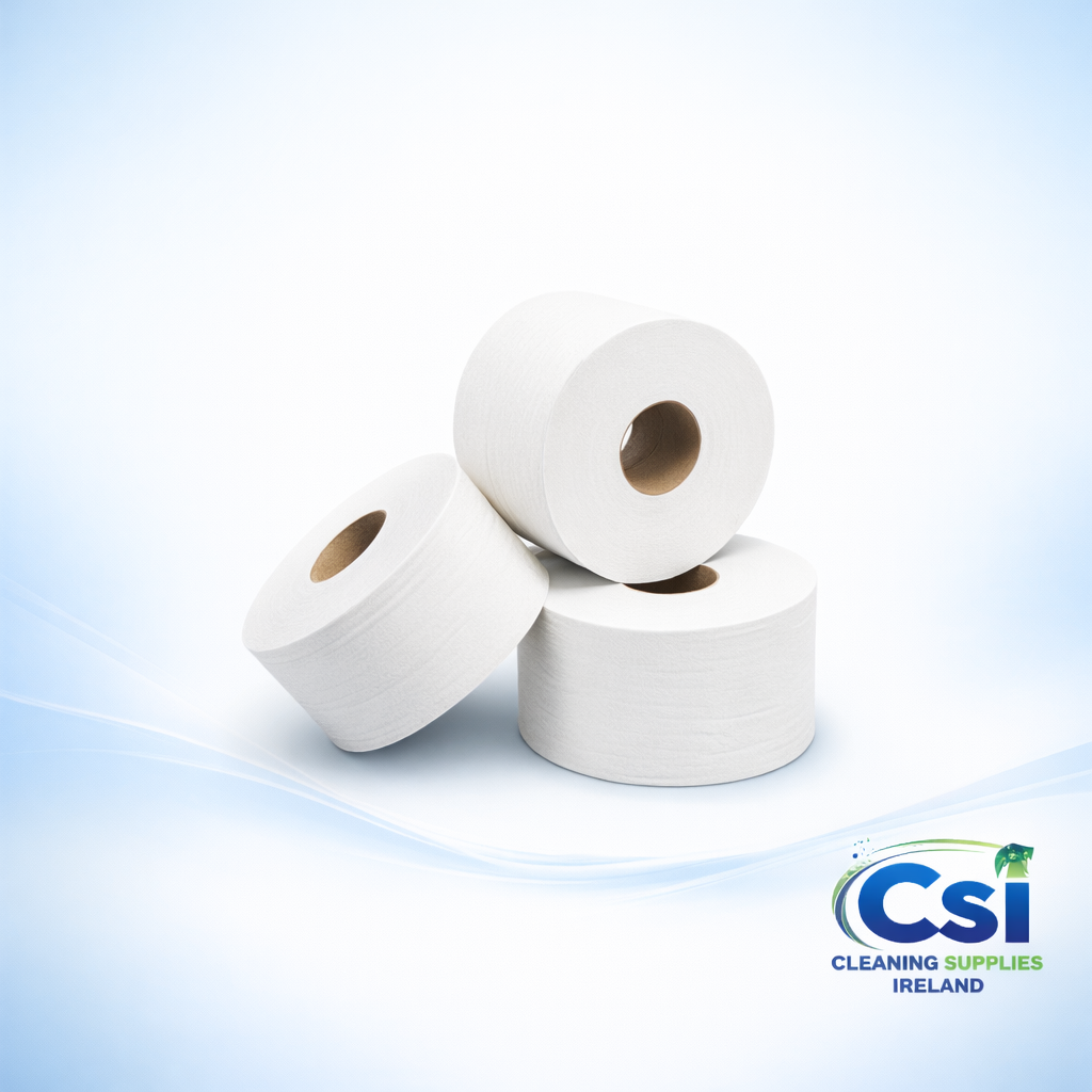 Bulk deal of 72 mini jumbo toilet rolls, 2-ply soft tissue for professional washroom hygiene