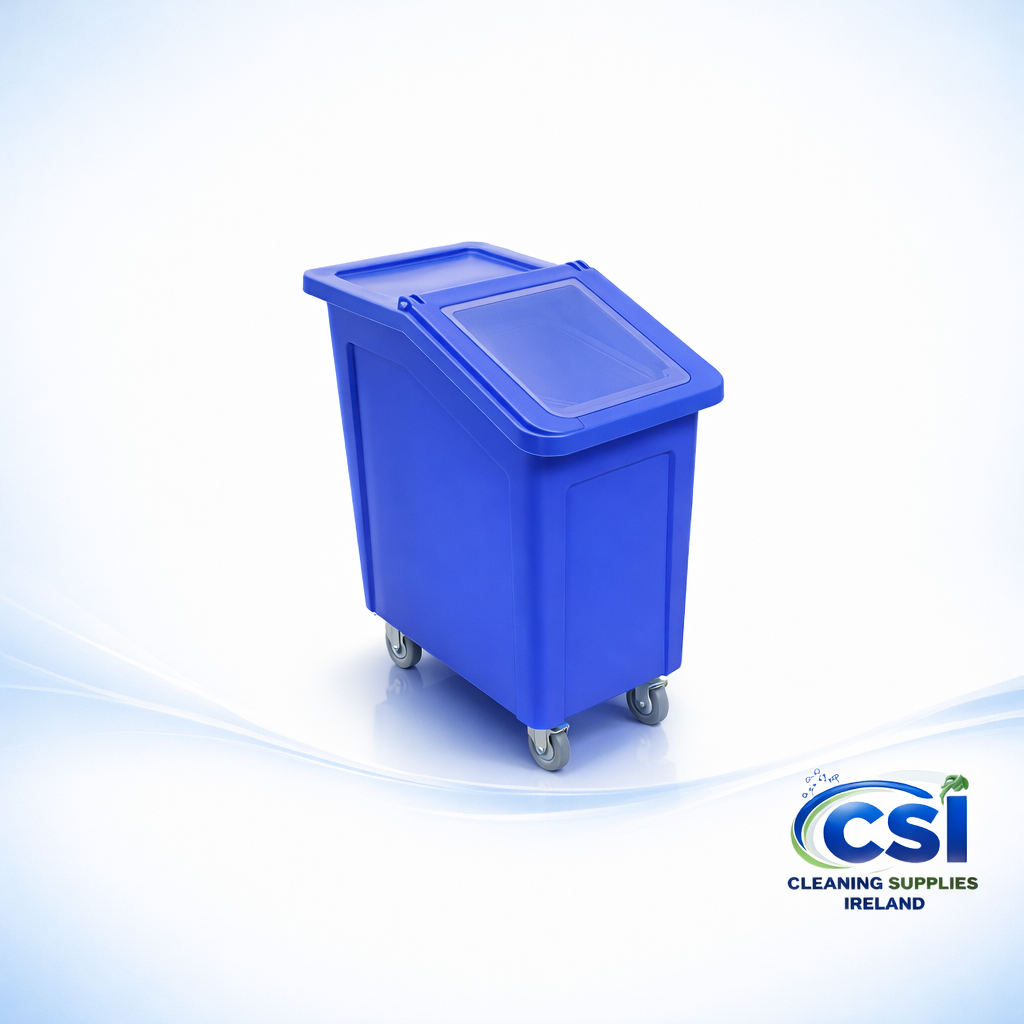 Blue 65L mobile food ingredient storage bin with clear shatterproof lid and swivel castors