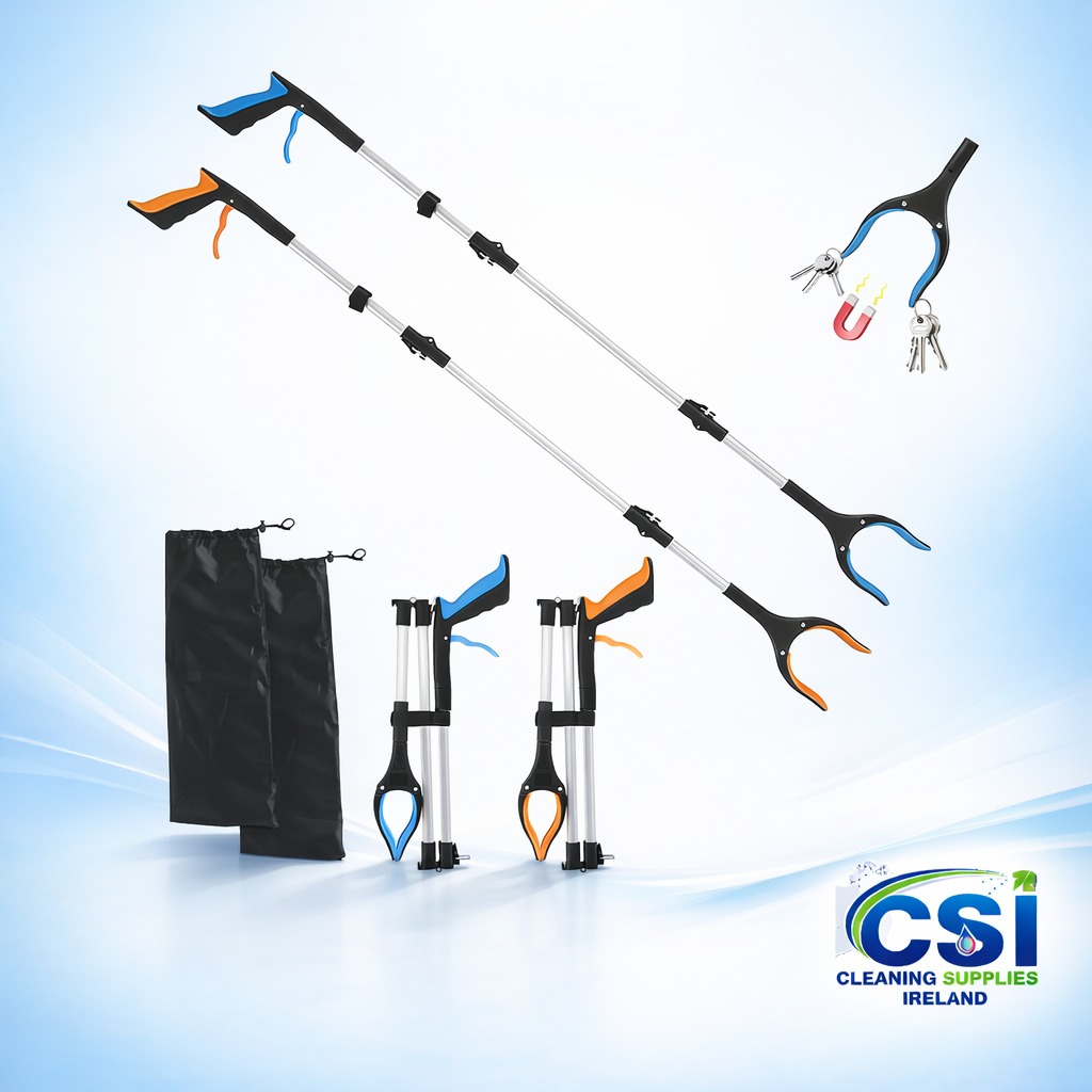 Two professional long arm litter pickers with ergonomic trigger grips