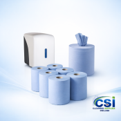 Large White Lockable Centrefeed Roll Dispenser for Blue and White Paper Towels