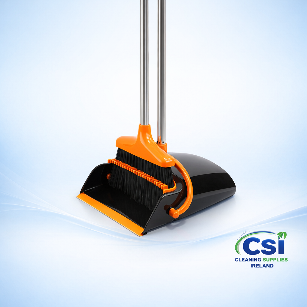 Professional long handle lobby dustpan and brush set for upright cleaning in commercial environments