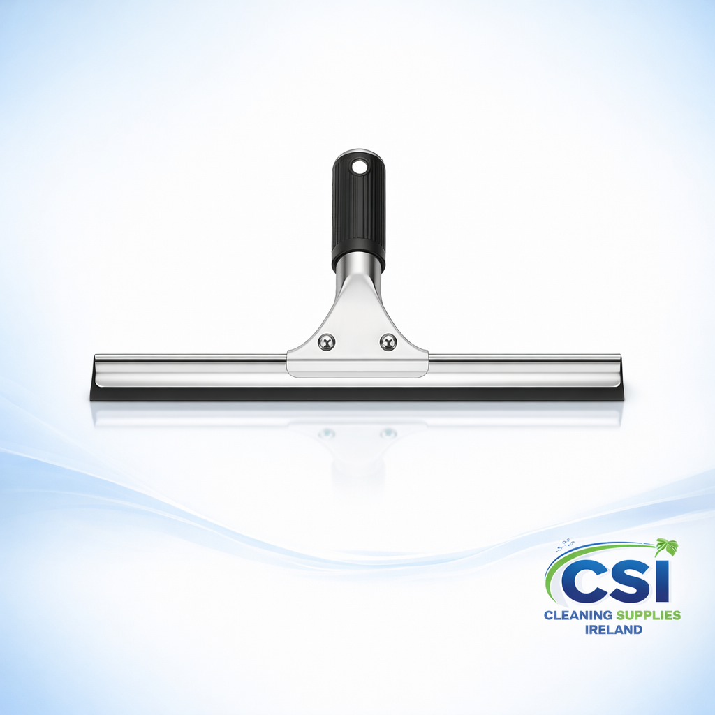 Professional quality stainless steel window squeegee with non-slip handle for streak-free cleaning