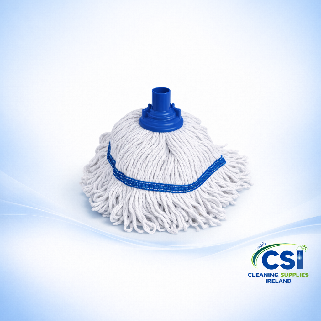 Robert Scott Hygiemix socket mop head with blue stay-flat band and looped-end yarn for professional cleaning
