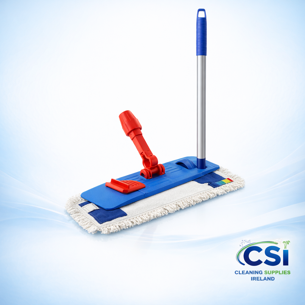 Complete Speedy flat mop system with 360 degree articulated frame, aluminum handle, and mop head