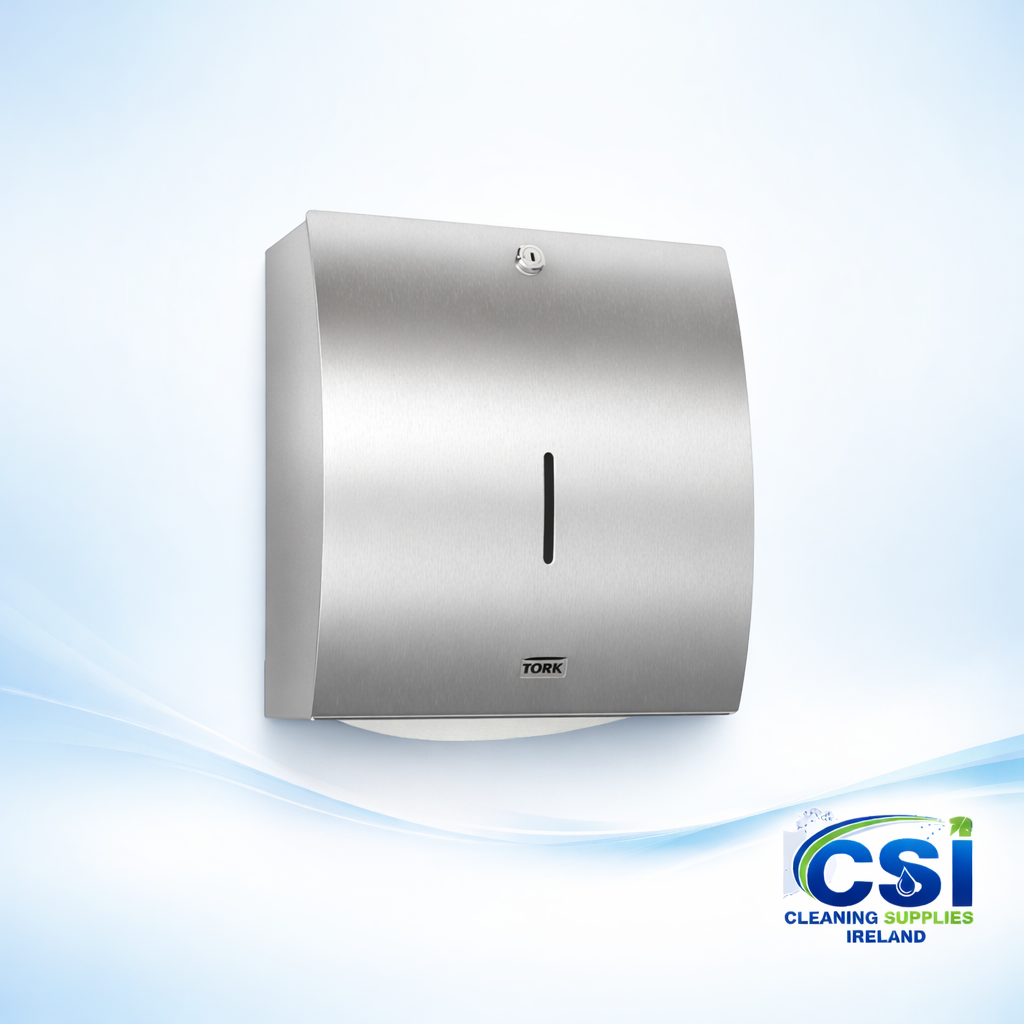 Wall-mounted 304 grade stainless steel centrefeed roll dispenser with polished lock.