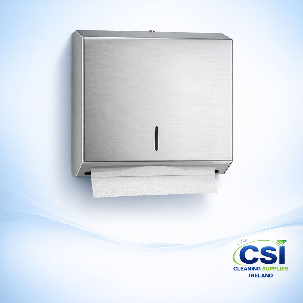 Stainless steel Z-fold hand towel dispenser with satin finish and level viewer window for commercial washrooms