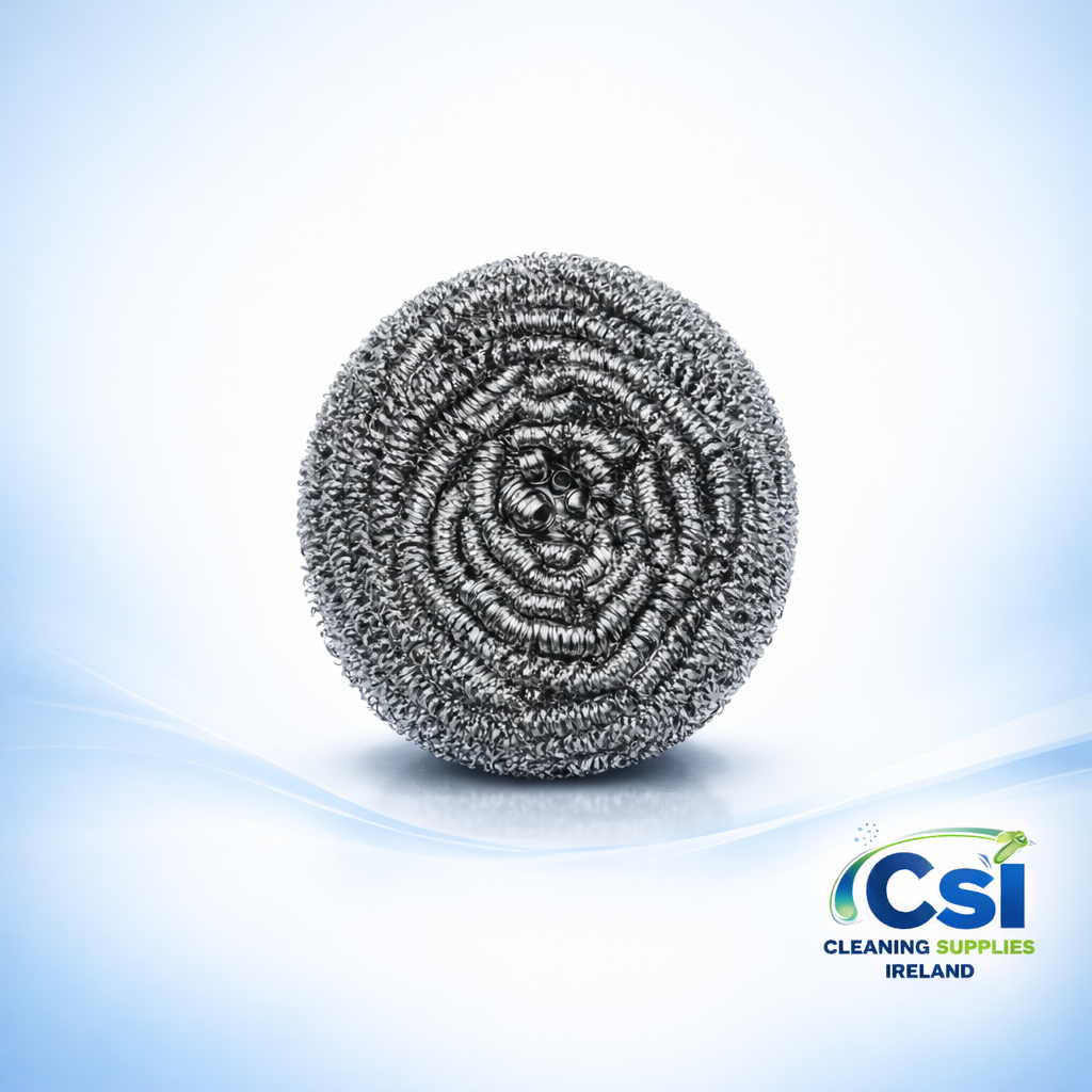 Pack of 10 heavy-duty zinc-coated steel pot scrubs for commercial kitchen and grill cleaning