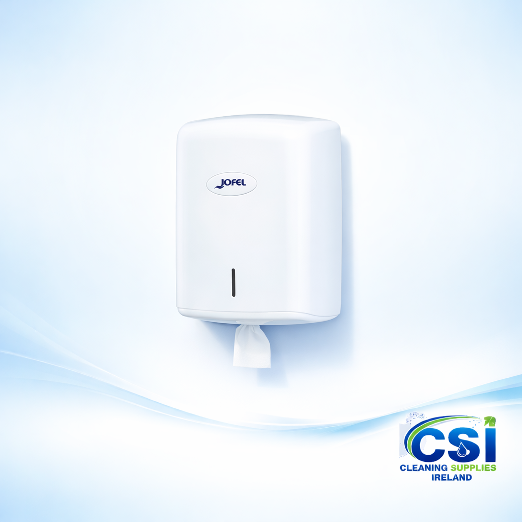 Jofel white centrefeed hand towel dispenser made of durable ABS plastic