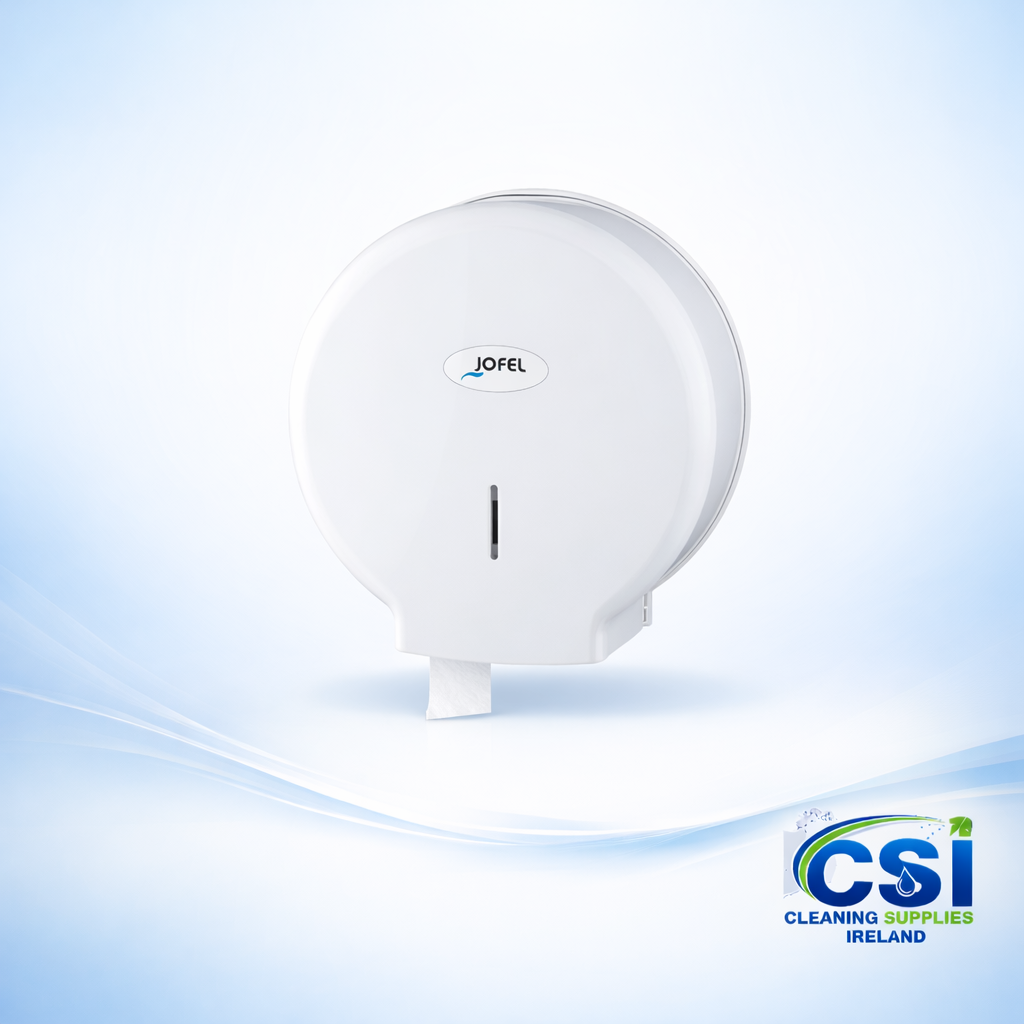 Jofel white commercial mini jumbo toilet tissue dispenser for offices and cafes