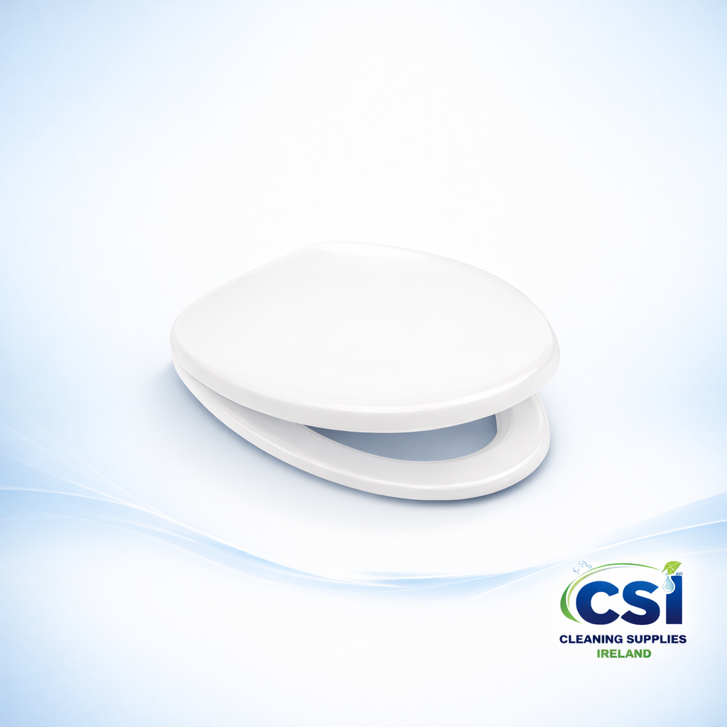 Standard white plastic toilet seat made from durable thermoplastic with adjustable hinges