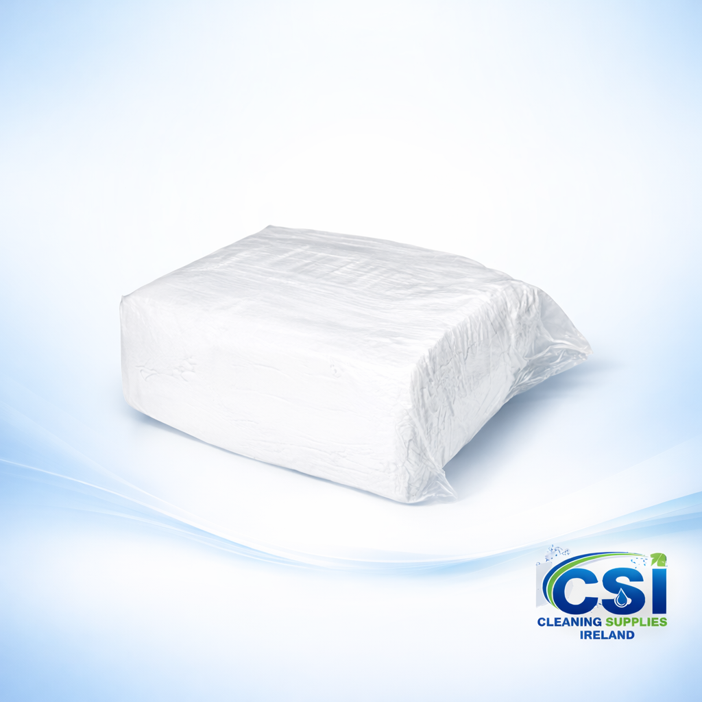 9kg vacuum-packed bag of white terry towelling cleaning cloth rags for industrial use.